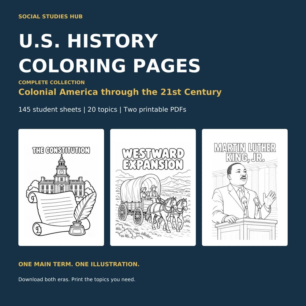Complete U.S. History coloring collection showing The Constitution, Westward Expansion, and Martin Luther King Jr. sample sheets.