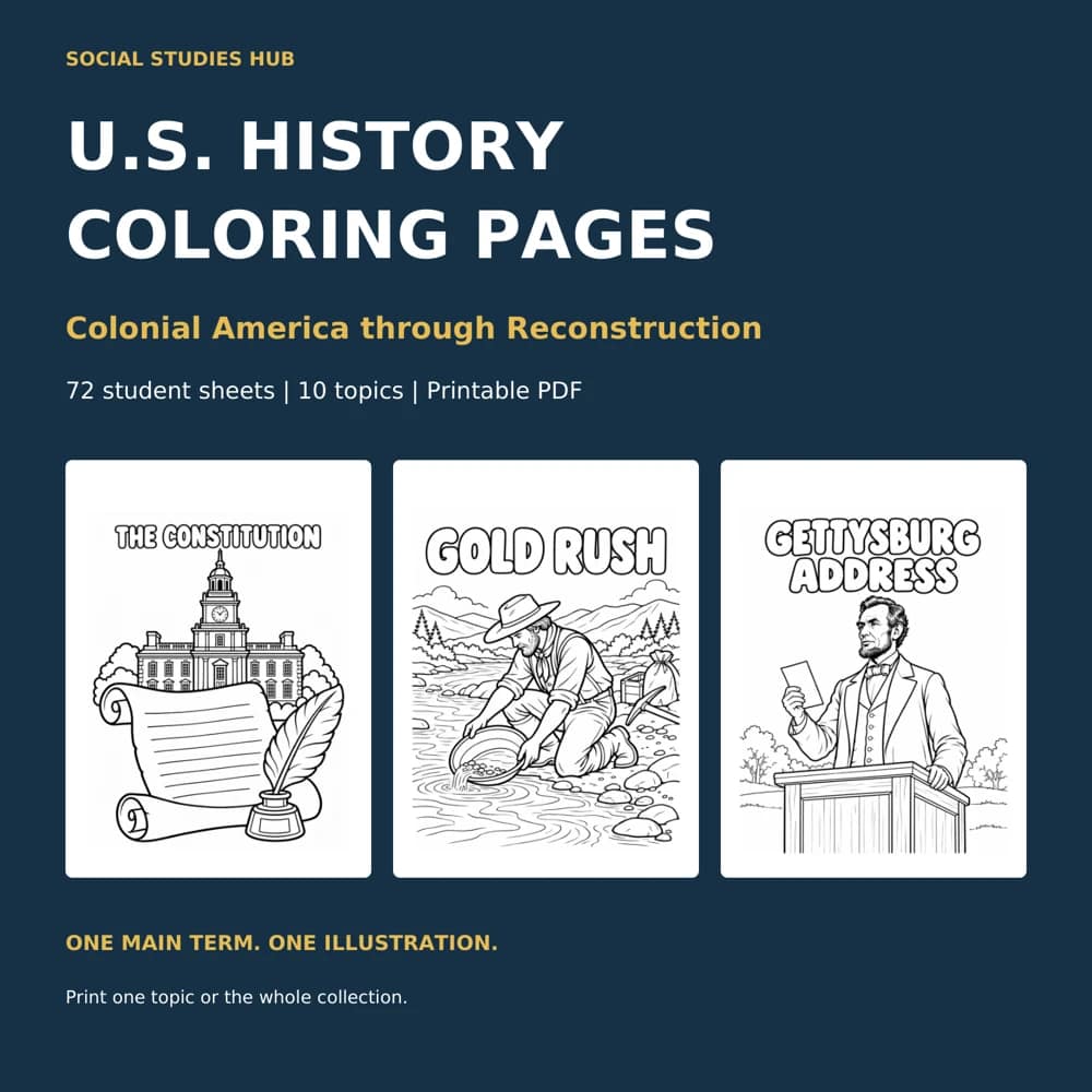 Colonial America through Reconstruction bundle cover showing The Constitution, Gold Rush, and Gettysburg Address coloring sheets.