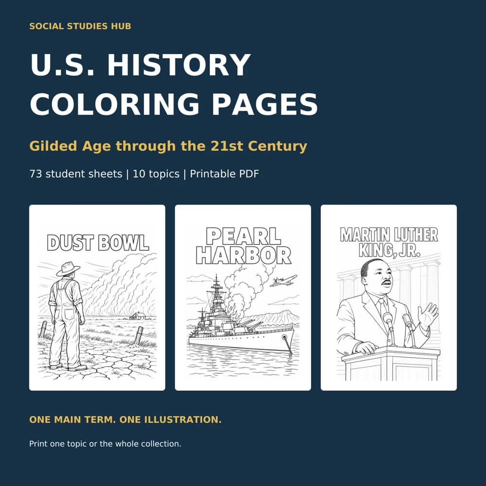 Gilded Age through the 21st Century bundle cover showing Dust Bowl, Pearl Harbor, and Martin Luther King Jr. coloring sheets.