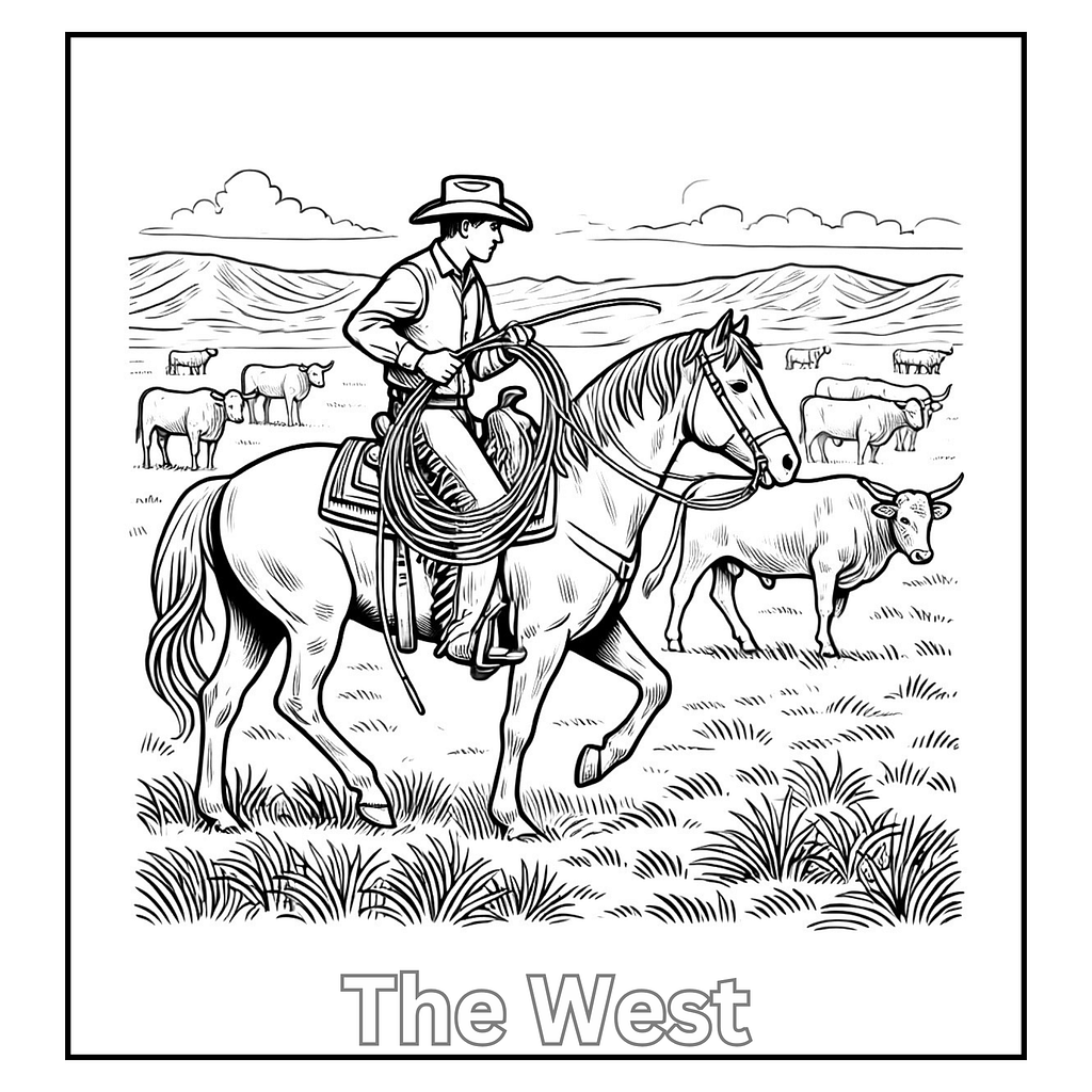 Cowboy riding a horse across a western landscape, symbolizing American frontier life
