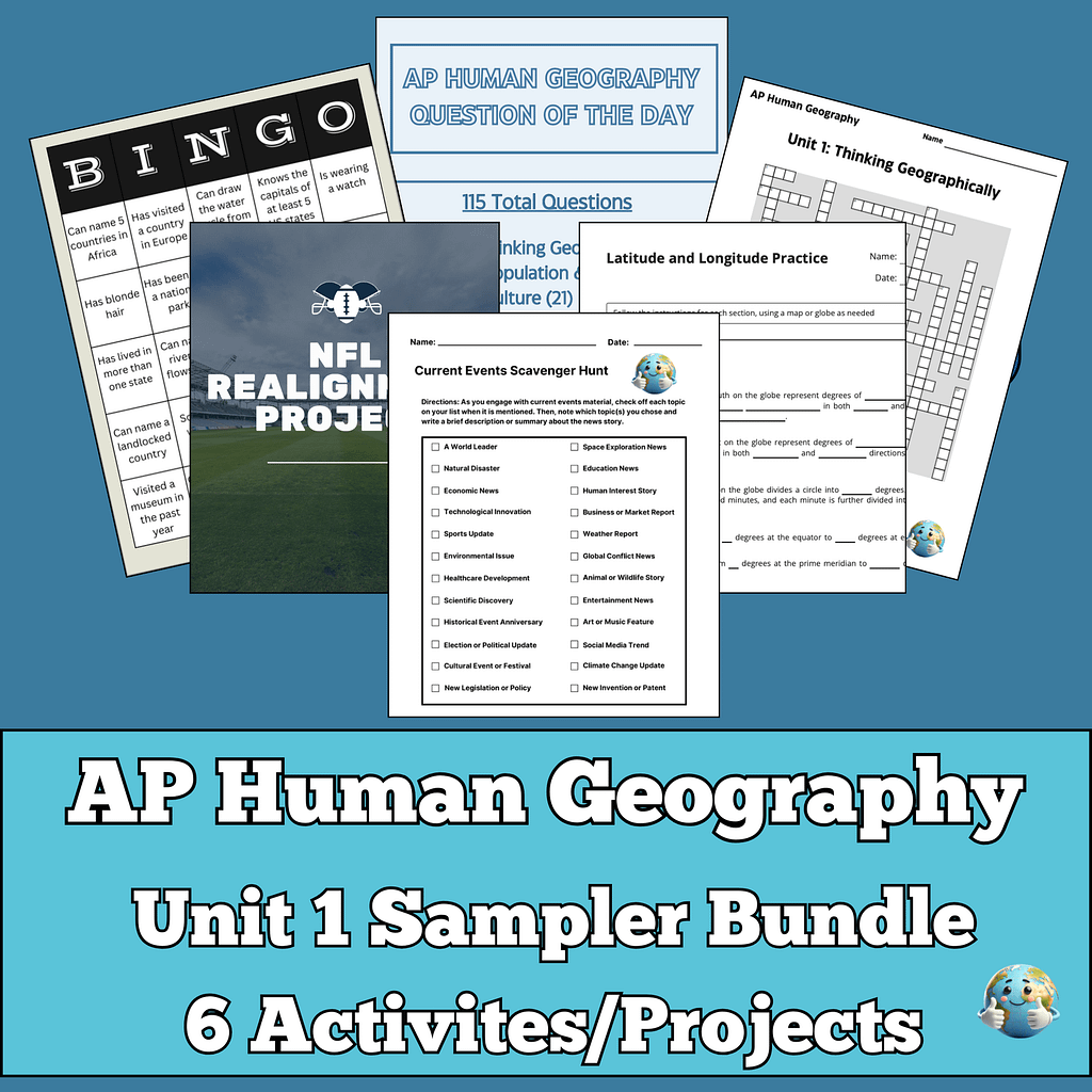 Cover image of the AP Human Geography Unit 1 free activity sampler, featuring lesson titles and classroom visuals.
