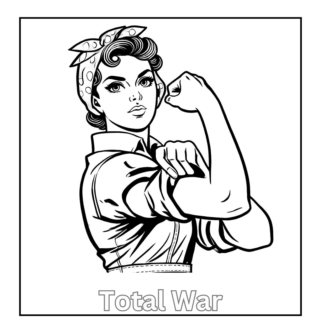 Rosie the Riveter style woman in factory gear symbolizing total war home front efforts during World War II — history coloring page