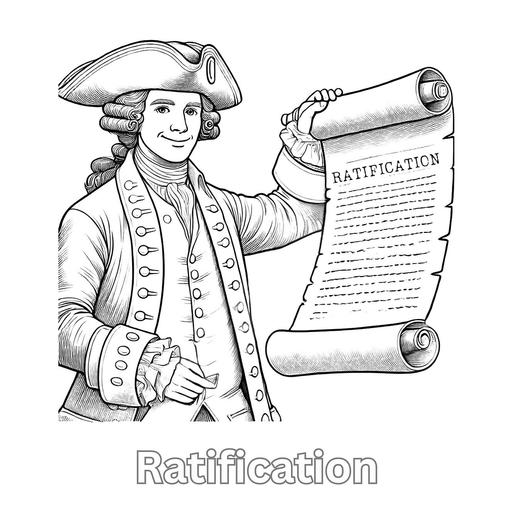 Colonial American holding a parchment labeled Ratification, black-and-white line art for a U.S. history coloring page