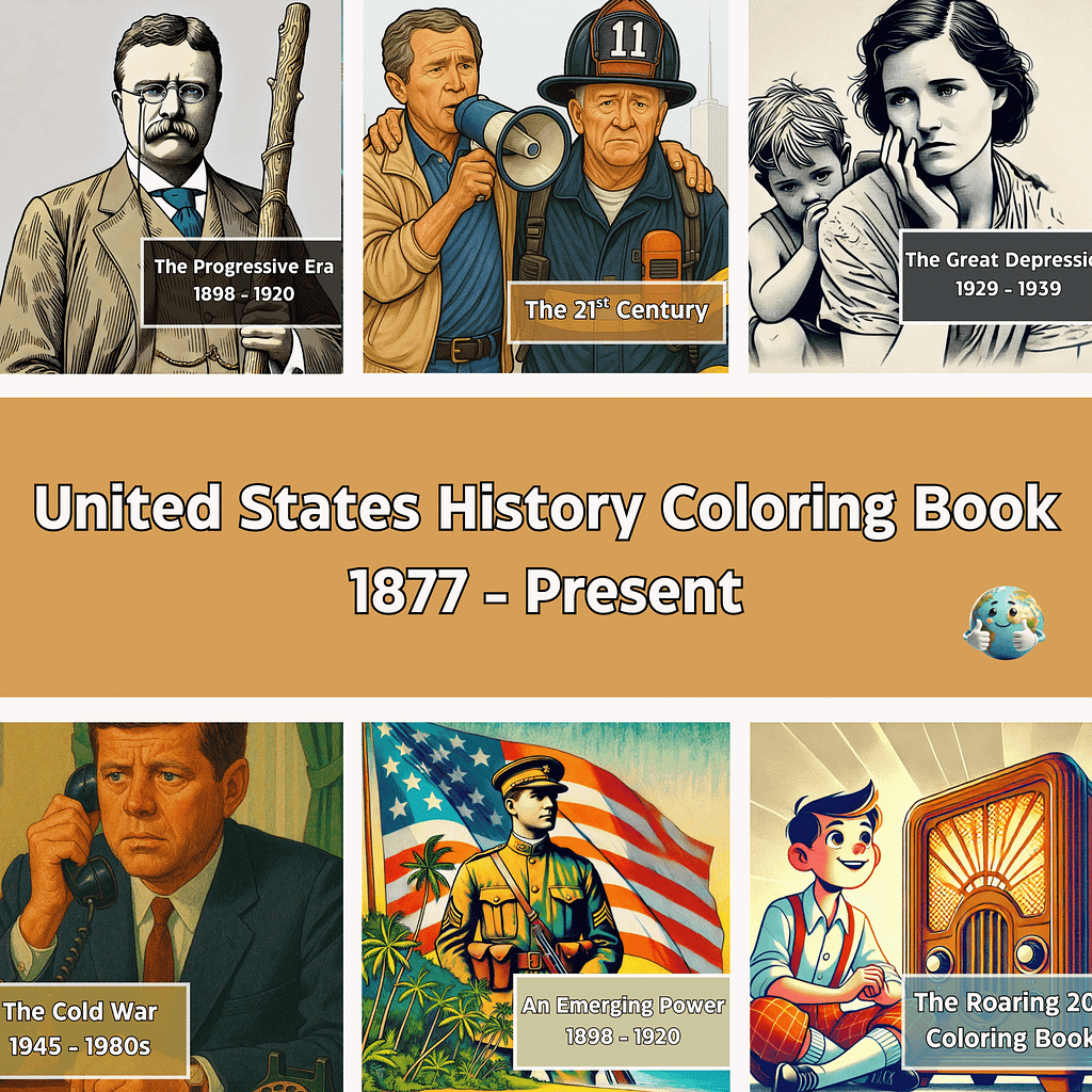 Collage cover for United States History Coloring Book 1877–Present with panels for Progressive Era, Great Depression, Cold War, Roaring Twenties, 21st Century, and an emerging power soldier