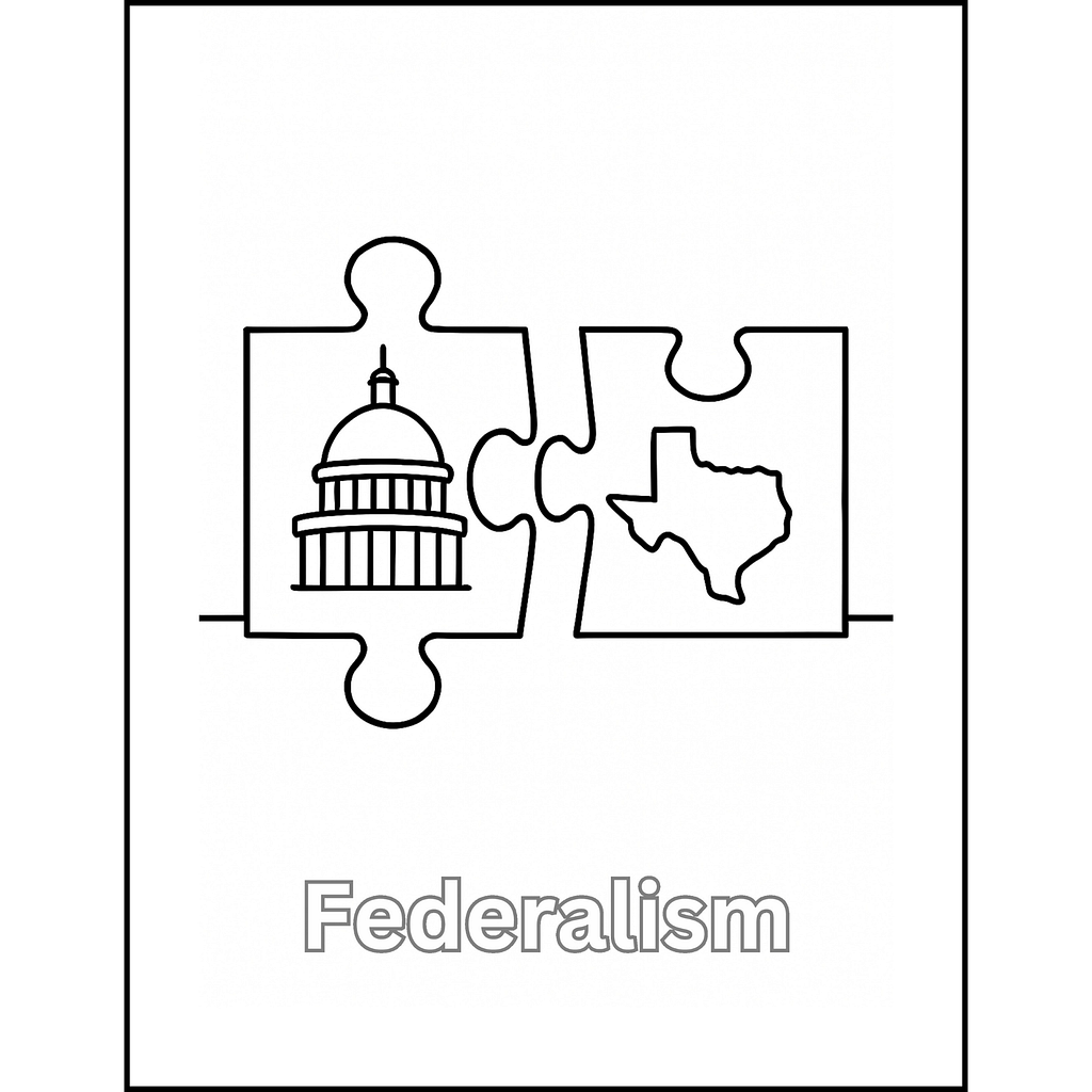 Black-and-white Constitution coloring page showing two puzzle pieces, one with the U.S. Capitol and one with the state of Texas, symbolizing federalism.