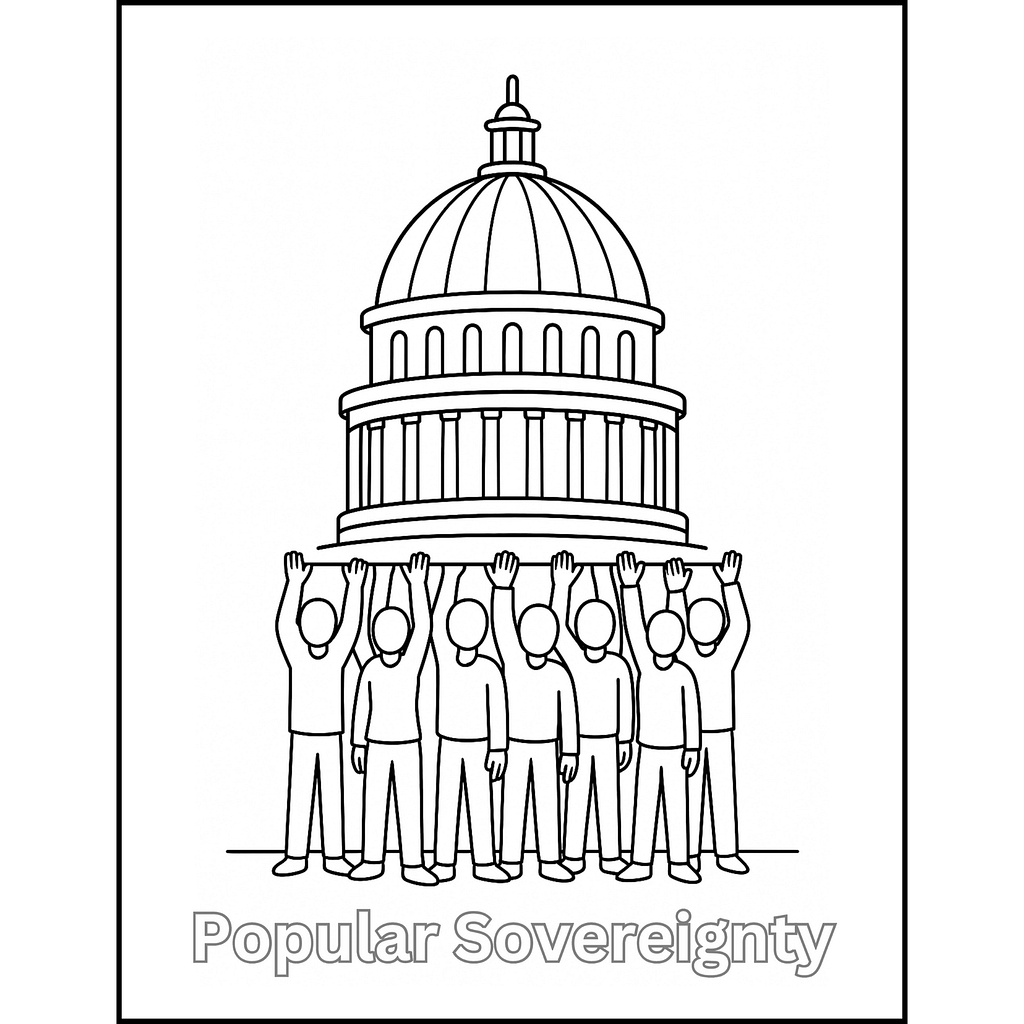 Black-and-white Constitution coloring page of people holding up the U.S. Capitol building, symbolizing popular sovereignty.