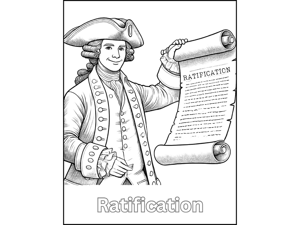 Black-and-white Constitution coloring page showing a colonial-era man holding a scroll labeled “Ratification.”