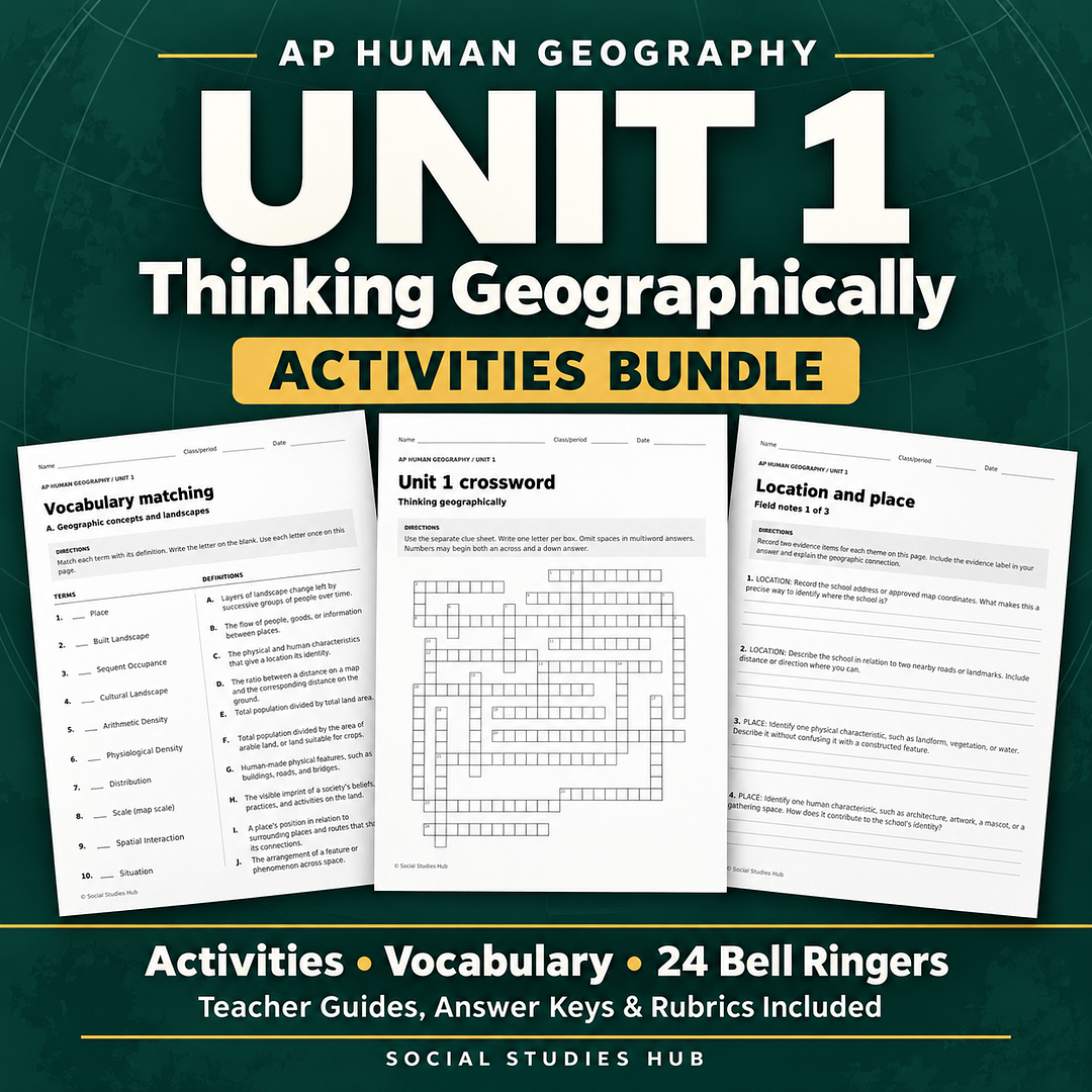 AP Human Geography Unit 1 Thinking Geographically Activities Bundle cover showing vocabulary, crossword and school geography activity samples.