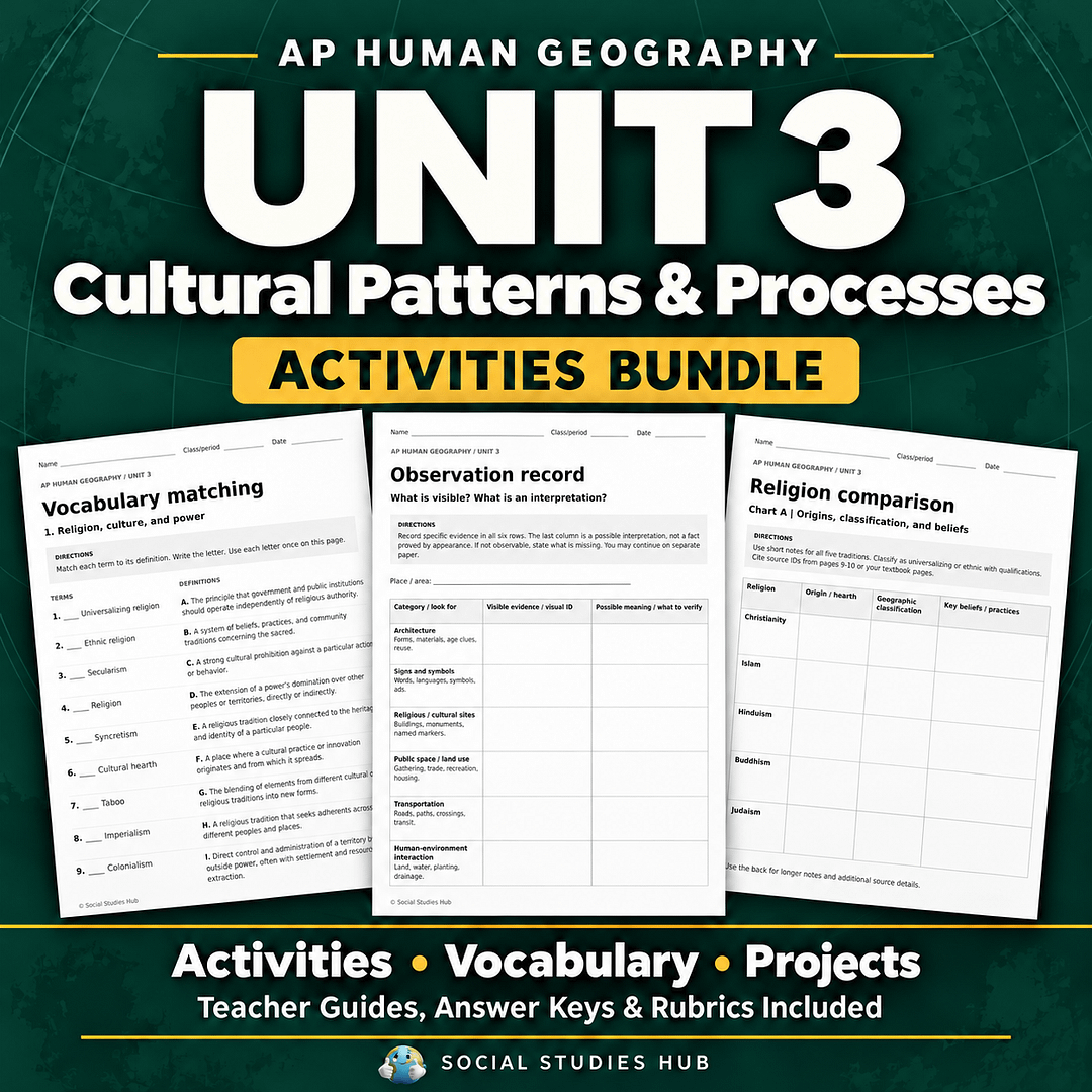 AP Human Geography Unit 3 Cultural Patterns and Processes Activities Bundle cover with the Social Studies Hub globe logo and activity samples.