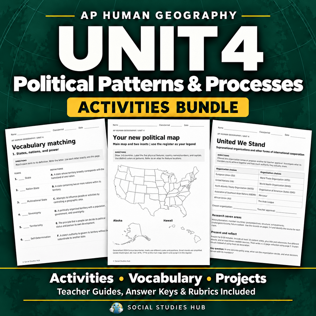 AP Human Geography Unit 4 Political Patterns and Processes Activities Bundle cover with the Social Studies Hub globe logo and activity samples.