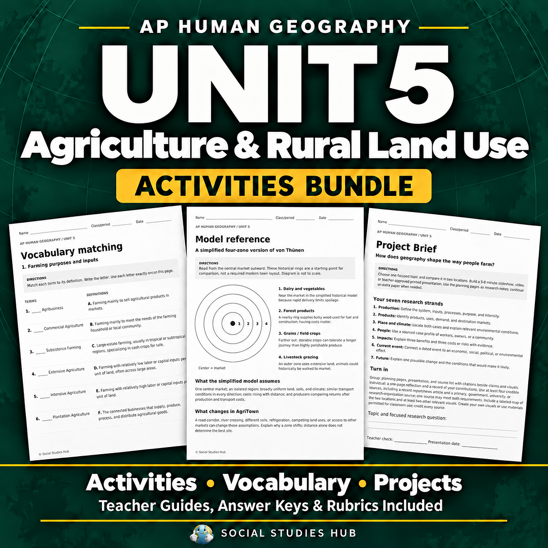 AP Human Geography Unit 5 Agriculture and Rural Land Use Activities Bundle cover with the Social Studies Hub globe logo and activity samples.