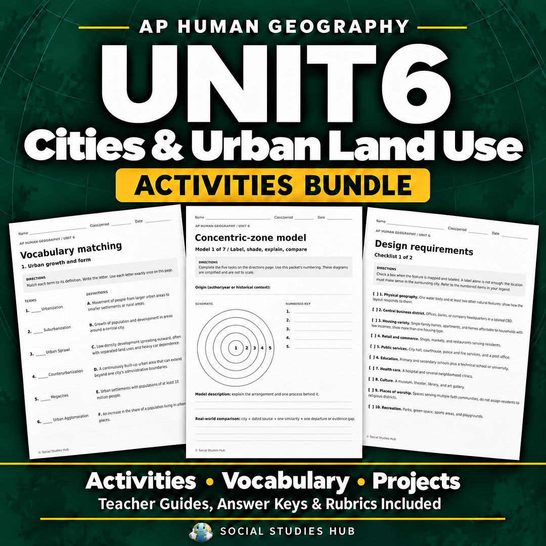 AP Human Geography Unit 6 Cities and Urban Land Use Activities Bundle cover with the Social Studies Hub globe logo and activity samples.