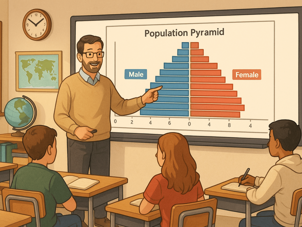 A geography teacher explains a population pyramid on a smart board to attentive high school students in a classroom.
