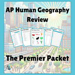 Illustration of a colorful cityscape with traffic, buildings, and a sunburst sky, featuring preview pages from the AP Human Geography Premier Review Packet. Includes labeled worksheets for topics like World Regions, Shapes of States, and Language & Ethnicity.