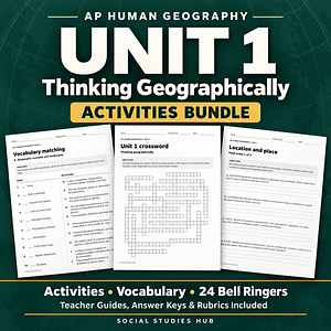 AP Human Geography Unit 1 Thinking Geographically Activities Bundle cover showing vocabulary, crossword and school geography activity samples.