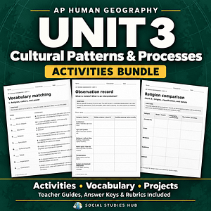 AP Human Geography Unit 3 Cultural Patterns and Processes Activities Bundle cover with the Social Studies Hub globe logo and activity samples.