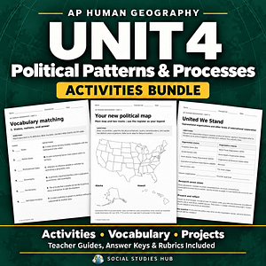 AP Human Geography Unit 4 Political Patterns and Processes Activities Bundle cover with the Social Studies Hub globe logo and activity samples.