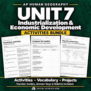 AP Human Geography Unit 7 Industrialization and Economic Development Activities Bundle cover with the Social Studies Hub globe logo and activity samples.