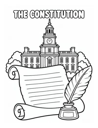 The Constitution coloring page with Independence Hall, a scroll, and quill.