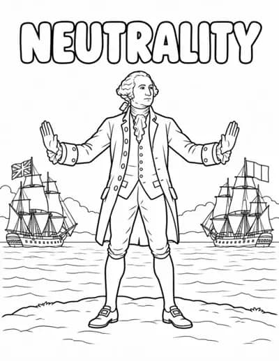 Neutrality coloring page with George Washington between British and French ships.