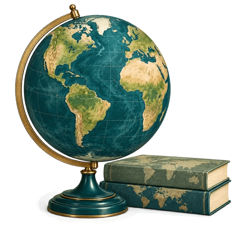 Illustrated teal and brass world globe beside two atlas-style books.
