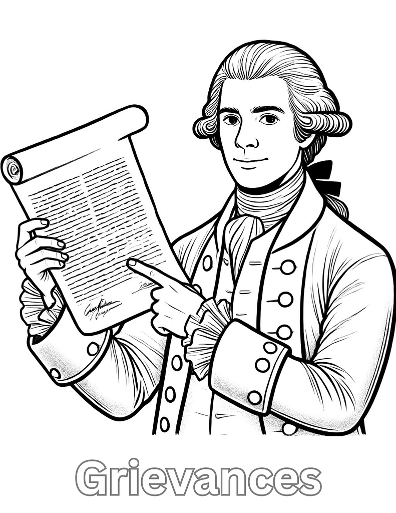 Colonial American holding a document listing grievances against Great Britain