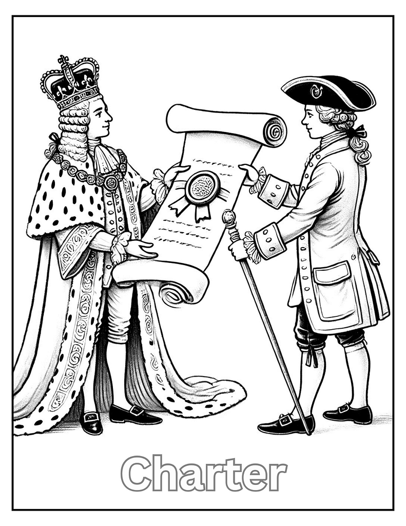 Colonial charter coloring page showing a king handing a legal document to a colonial leader.