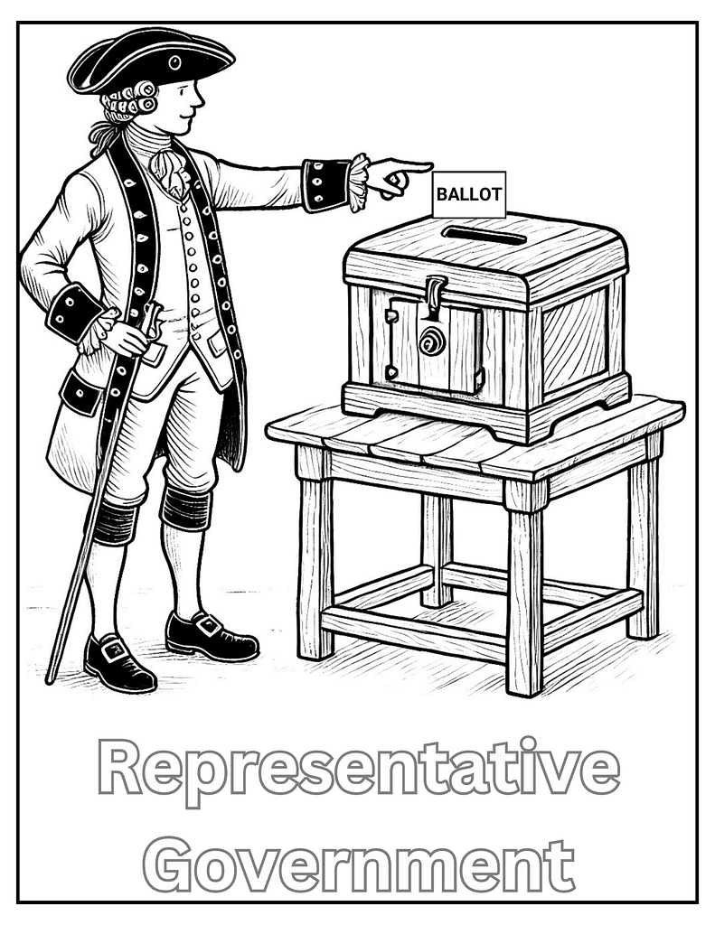 Colonial representative government coloring page with a man pointing to a ballot box.