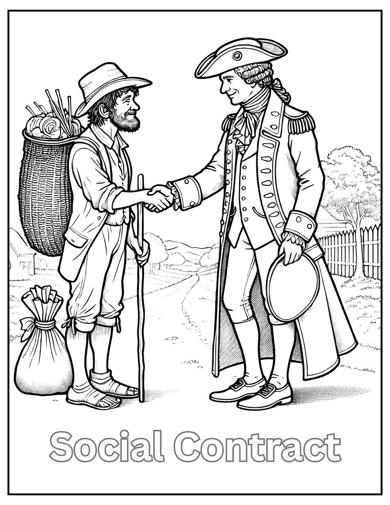 Colonial social contract coloring page showing two men shaking hands, symbolizing agreement.