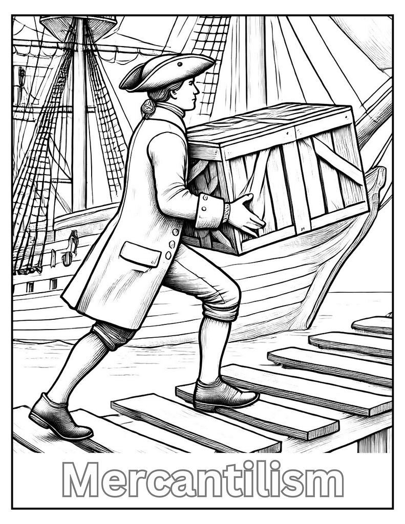 Colonial mercantilism coloring page showing a man carrying a wooden crate onto a ship.