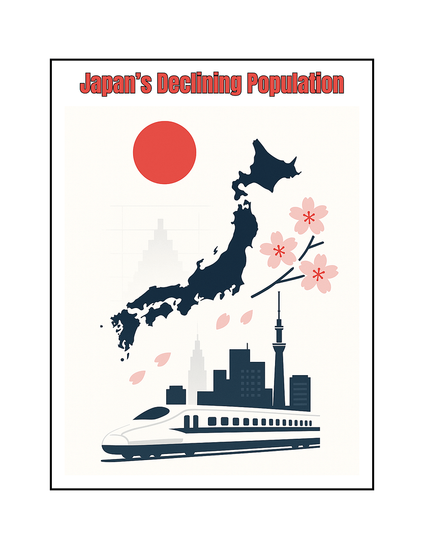 Japan’s declining population activity cover showing a map of Japan, cherry blossoms, Tokyo skyline, and Shinkansen bullet train beneath a red sun.