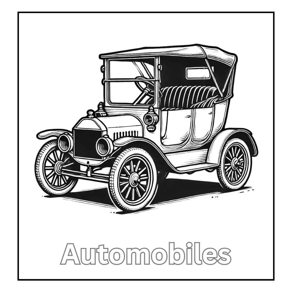 One of the first automobiles invented, shown in profile with large wheels