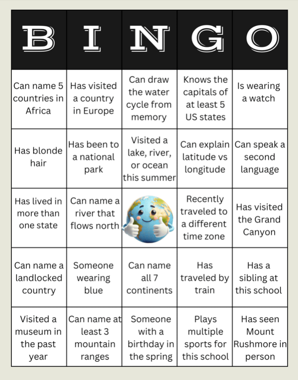 AP Human Geography first day activity - icebreaker bingo game for students