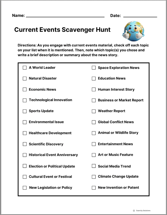 AP Human Geography first day activity - current events scavenger hunt worksheet