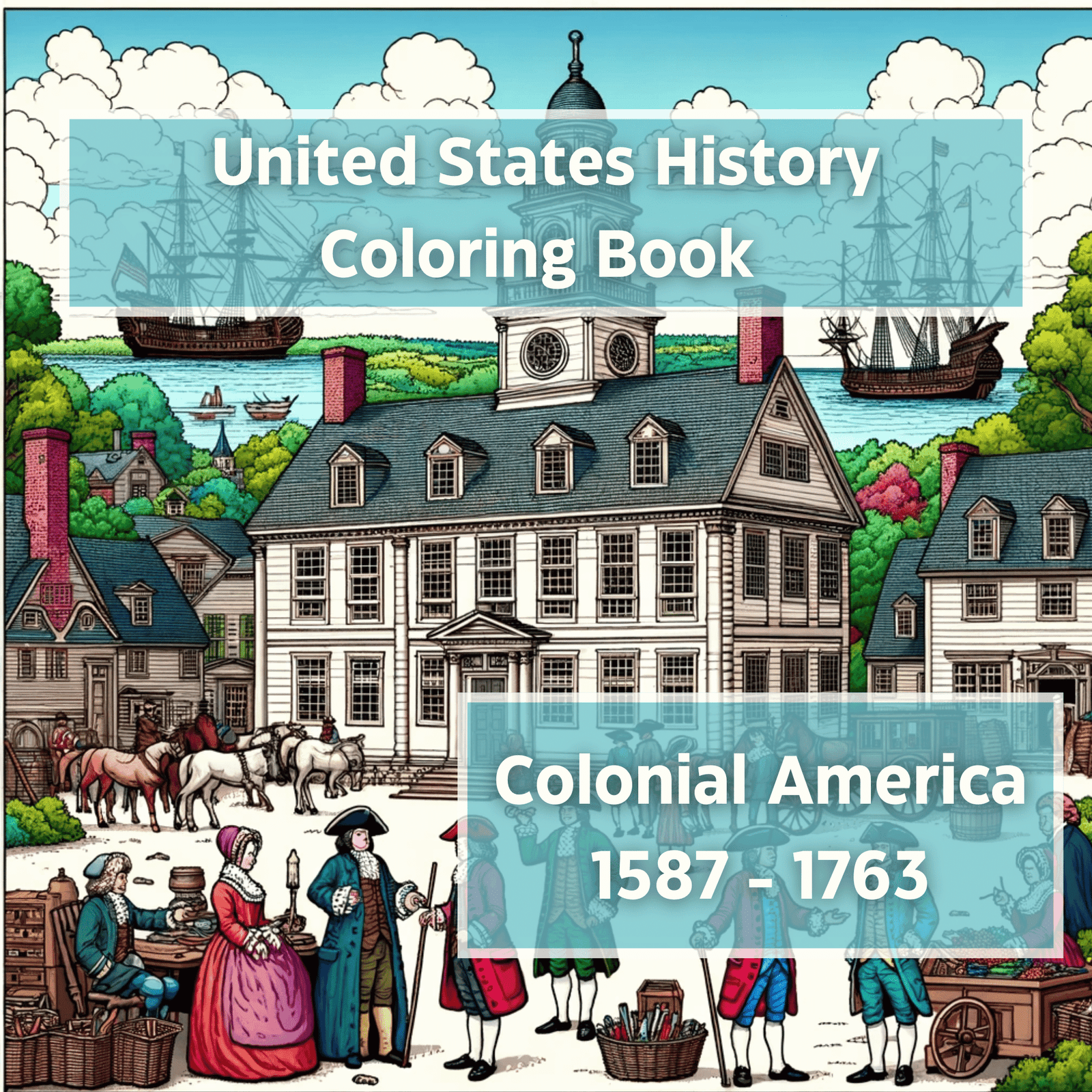 Busy colonial port town with market stalls, blacksmith at a forge, meetinghouse, wooden homes, and a sailing ship at the dock; cover for US History coloring pages, Colonial Period 1587–1763