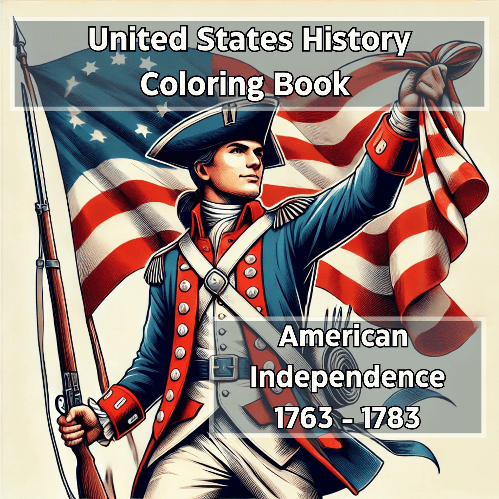 US History coloring book cover showing a Continental Army soldier with musket raising an early American flag; text reads American Independence 1763–1783